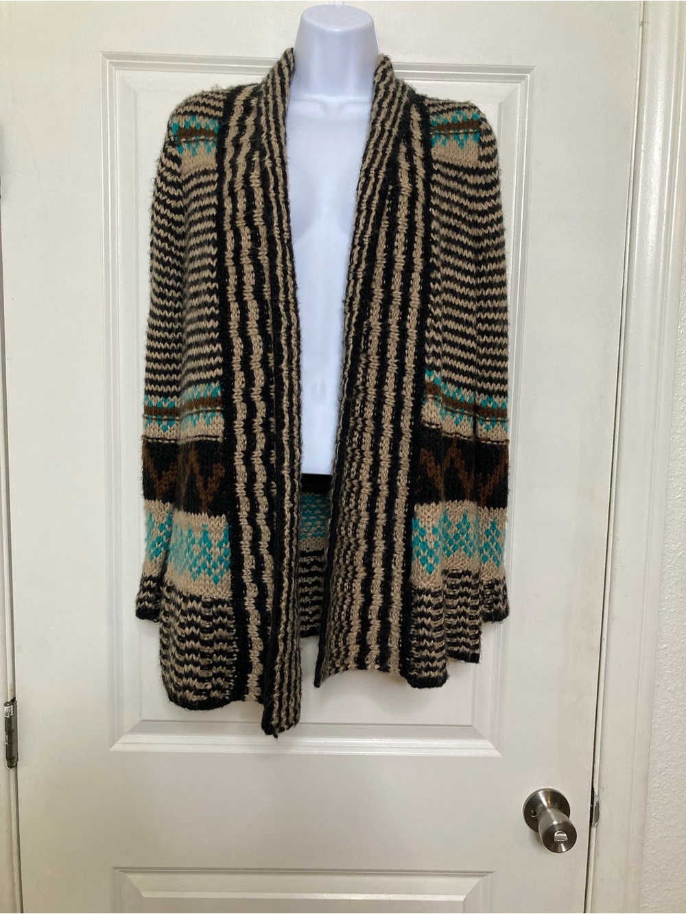 Pink Republic Open Front Cardigan Sweater Duster Brown Aztec Tribal Boho Size L